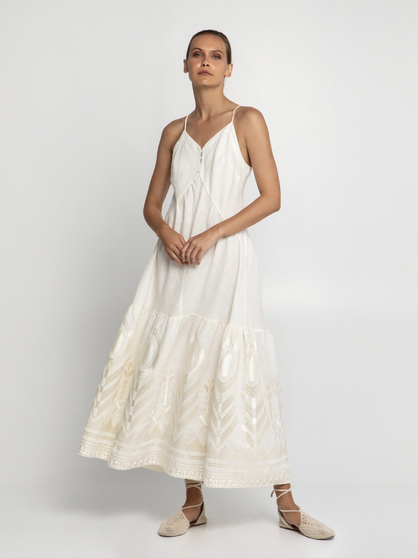 GREEK ARCHAIC KORI 25- FEATHER LINEN STRAP DRESS- NATURAL/CHAMPAGNE – House of Nicholetta