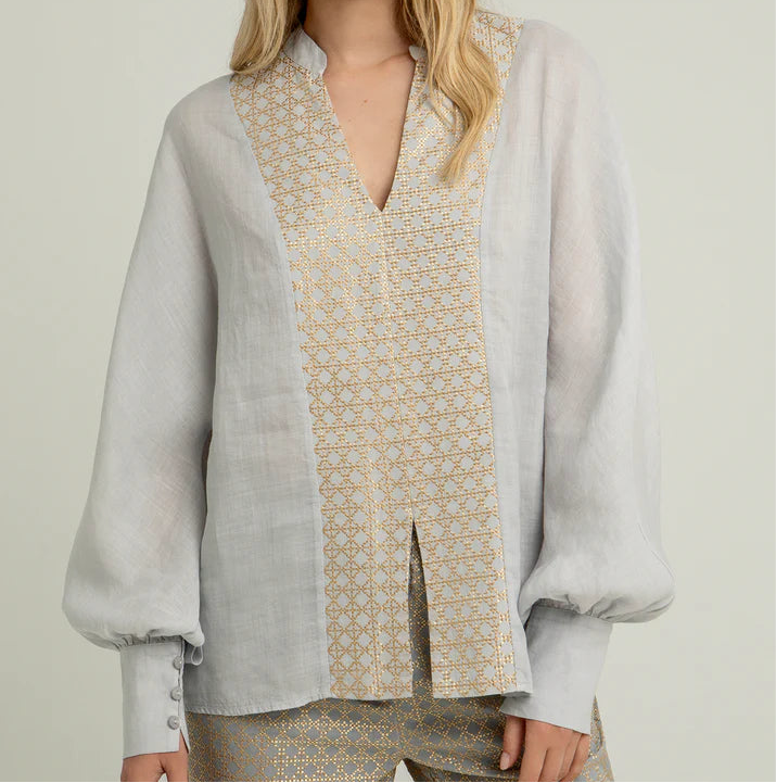 GREEK ARCHAIC KORI 25- RAMIE GREY/GOLD EMBROIDERY BLOUSE – House of ...