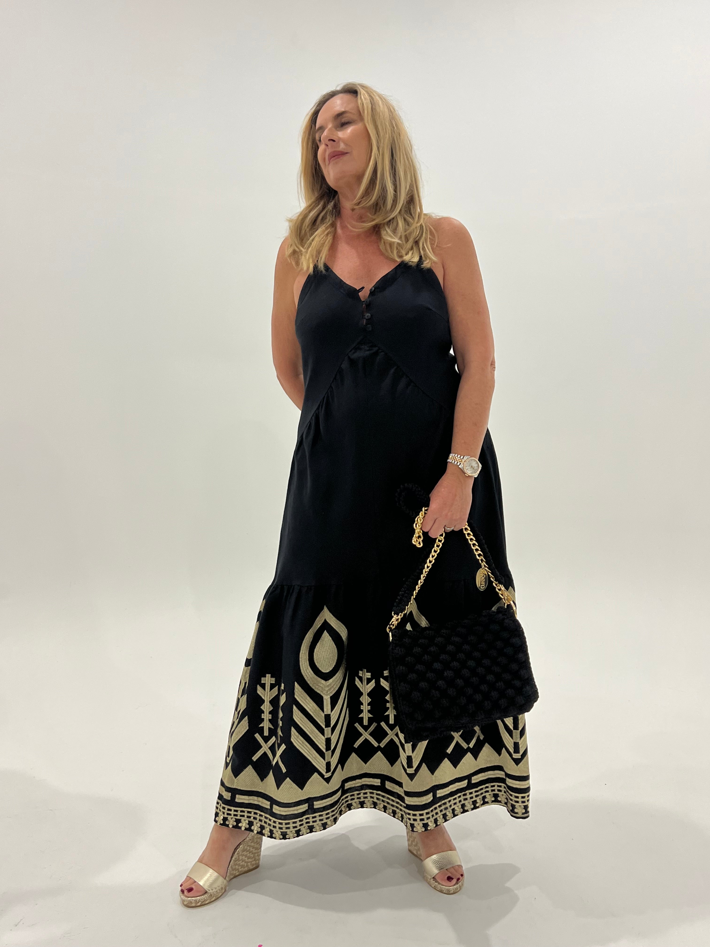GREEK ARCHAIC KORI 25- FEATHER LINEN STRAP DRESS- BLACK/GOLD – House of Nicholetta GREEK ARCHAIC KORI 25- FEATHER LINEN STRAP DRESS- BLACK/GOLD – House of Nicholetta