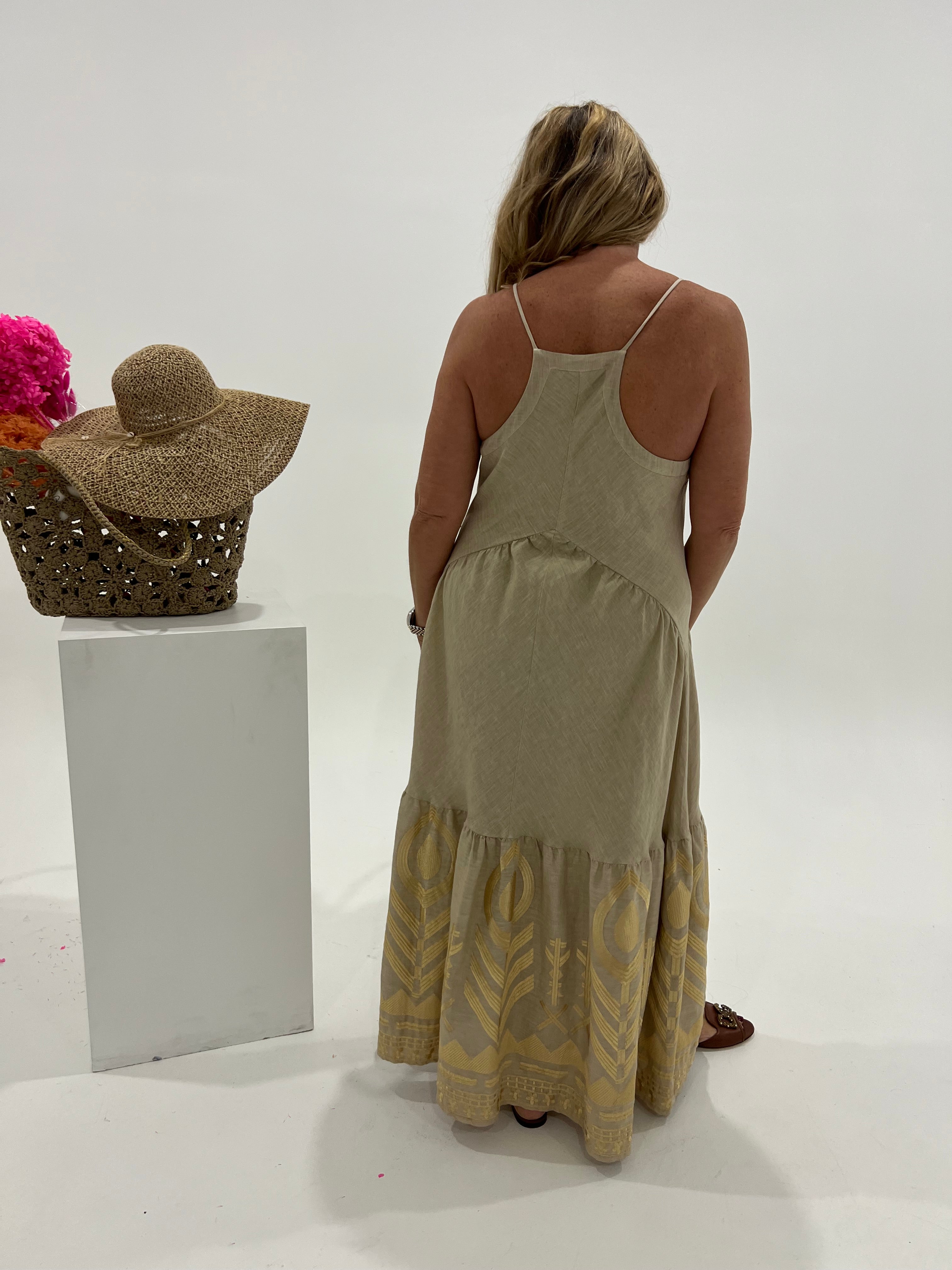 GREEK ARCHAIC KORI 25- FEATHER LINEN STRAP DRESS- BEIGE/GOLD House of Nicholetta GREEK ARCHAIC KORI 25- FEATHER LINEN STRAP DRESS- BEIGE/GOLD House of Nicholetta
