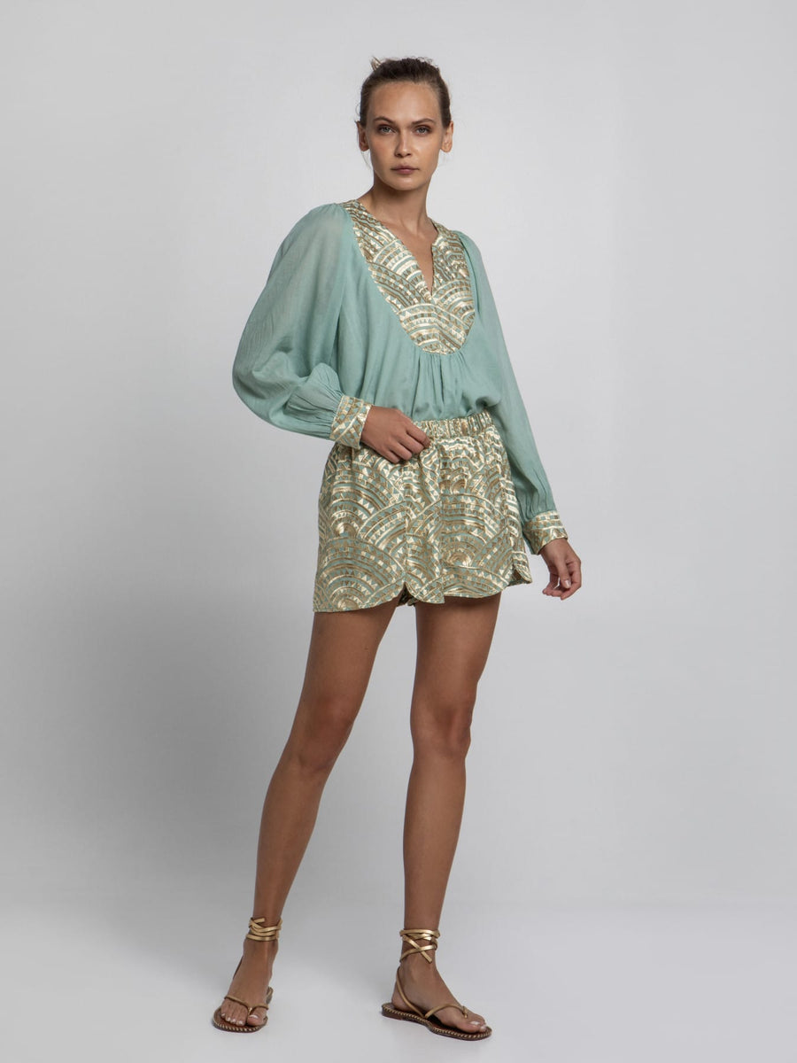 GREEK ARCHAIC KORI 25- GOLD EMBROIDERED SHORTS- SEAGREEN/GOLD – House ...