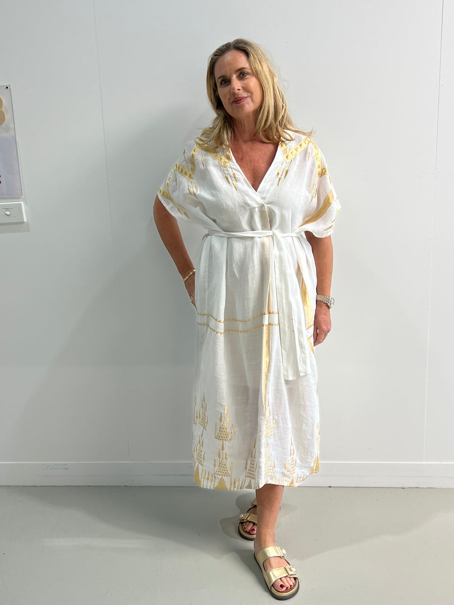 GREEK ARCHAIC KORI- ROOTS KAFTAN - WHITE/GOLD – House of Nicholetta