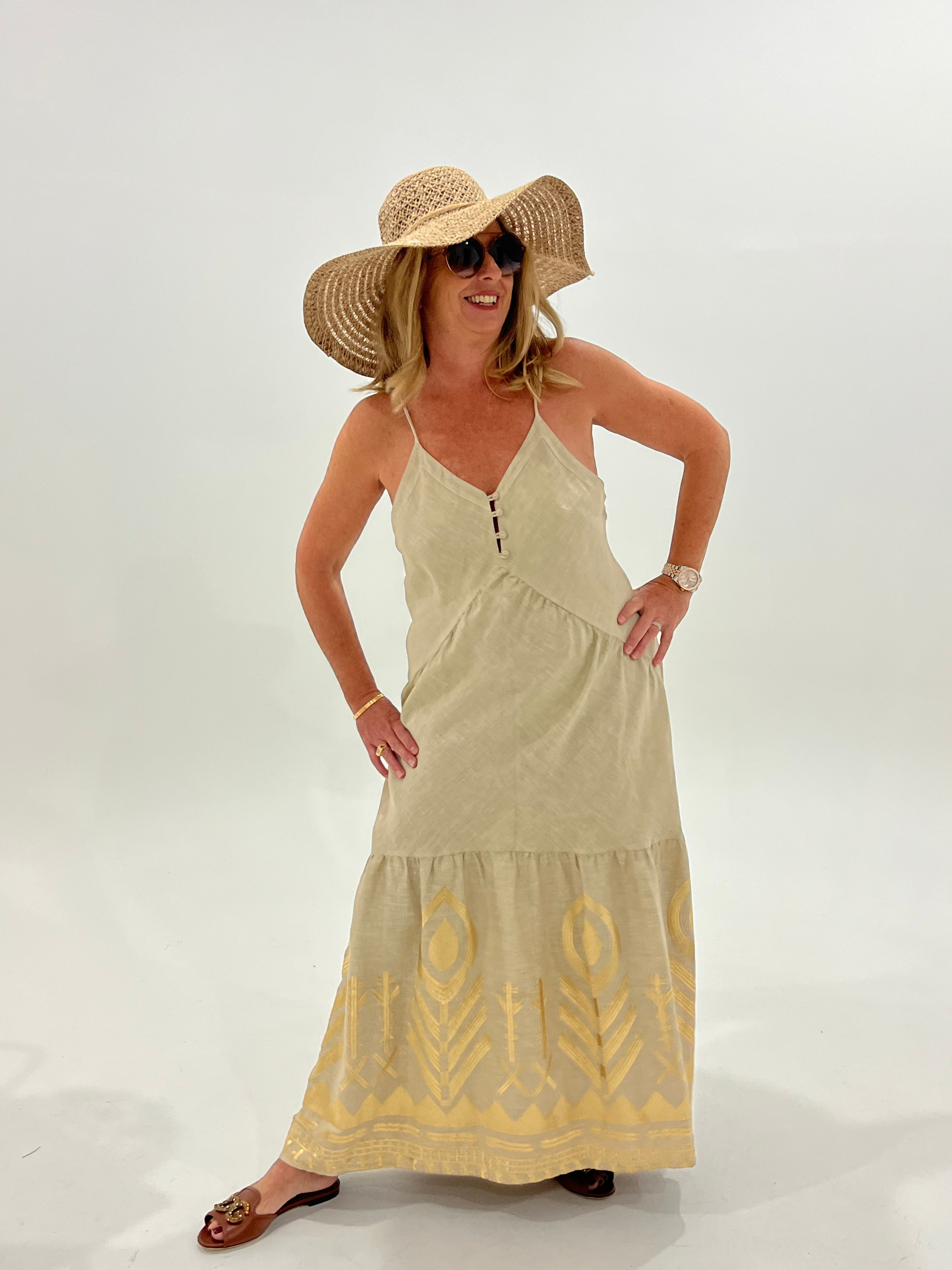 GREEK ARCHAIC KORI 25- FEATHER LINEN STRAP DRESS- BEIGE/GOLD House of Nicholetta GREEK ARCHAIC KORI 25- FEATHER LINEN STRAP DRESS- BEIGE/GOLD House of Nicholetta
