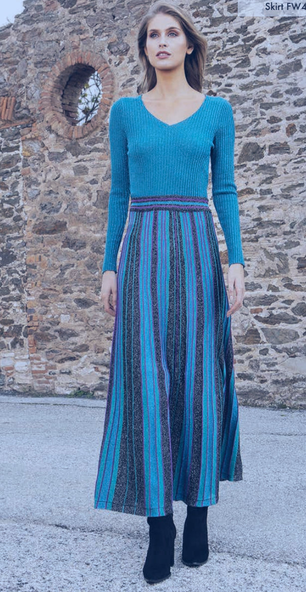 AGGEL GREECE- MISSO- FLAT PLEAT KNIT/LUREX SKIRT PETROL-VIOLET