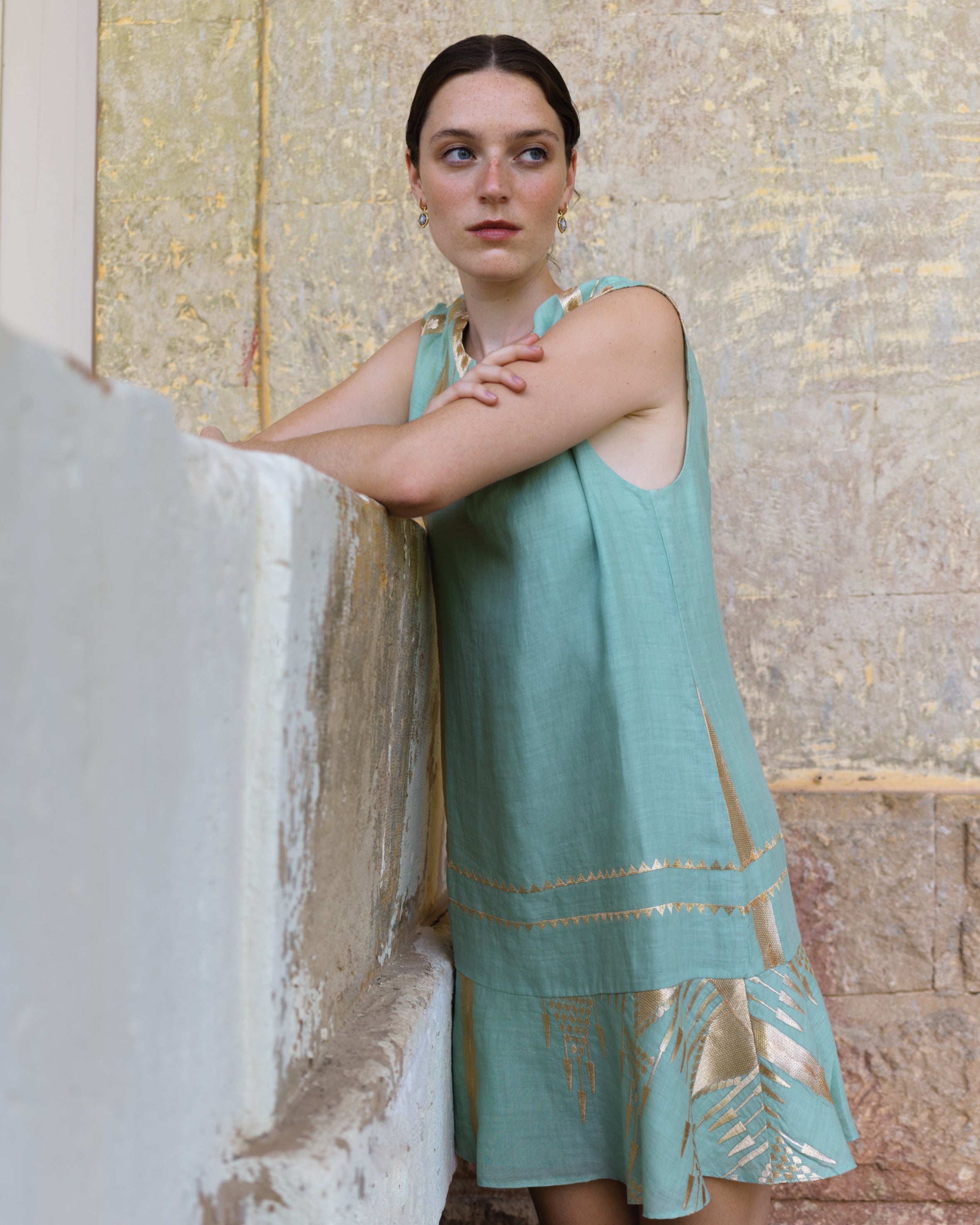 GREEK ARCHAIC KORI 25- ROOTS OPEN BACK SHORT LINEN DRESS- SEA GREEN/GOLD GREEK ARCHAIC KORI 25- ROOTS OPEN BACK SHORT LINEN DRESS- SEA GREEN/GOLD