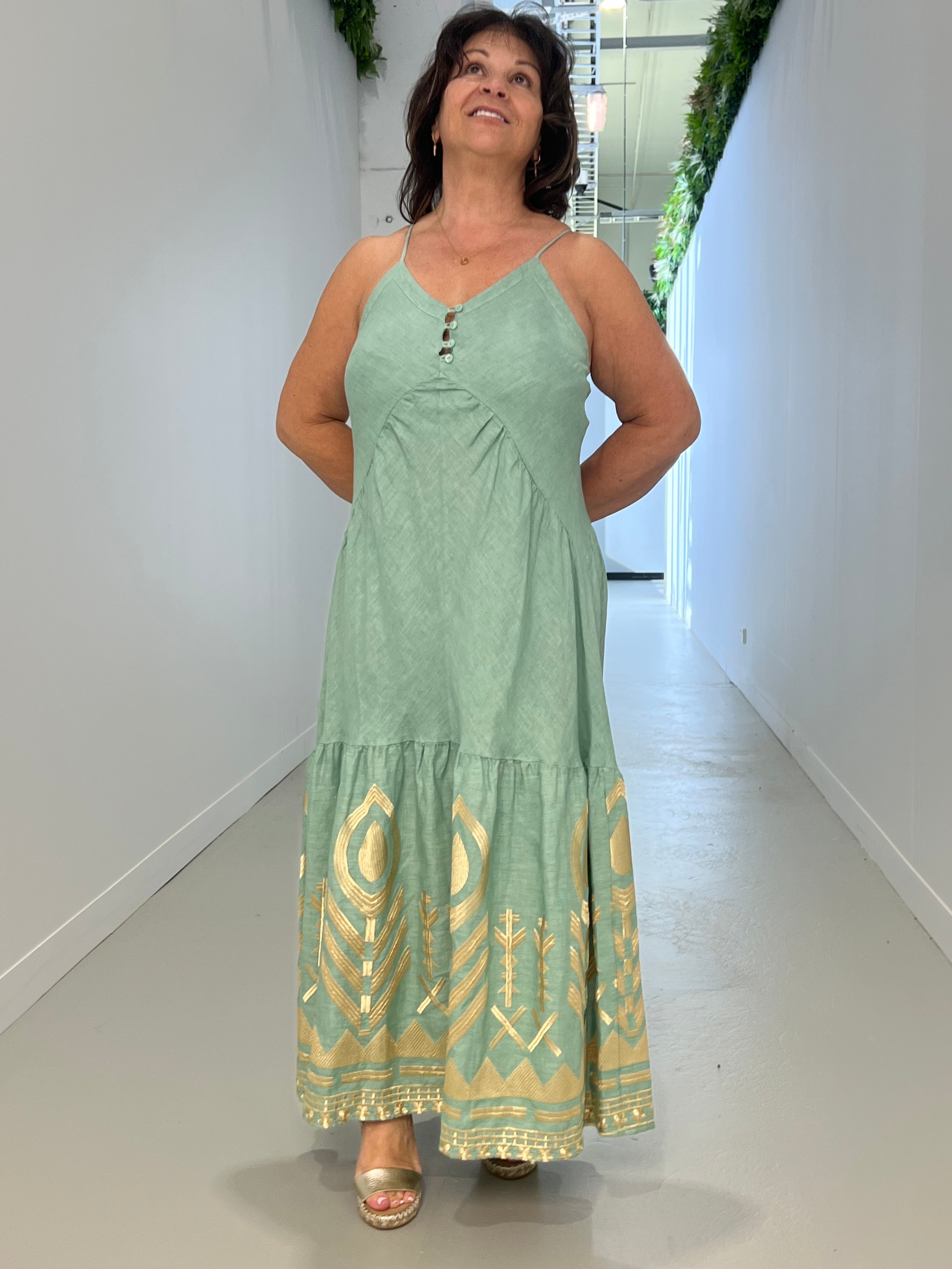 GREEK ARCHAIC KORI 25- FEATHER LINEN STRAP DRESS- SEA GREEN/GOLD House of Nicholetta GREEK ARCHAIC KORI 25- FEATHER LINEN STRAP DRESS- SEA GREEN/GOLD House of Nicholetta