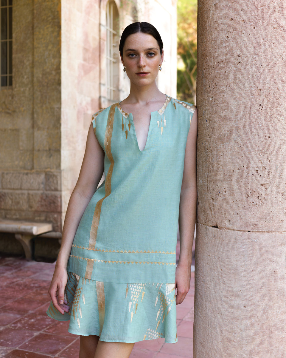 GREEK ARCHAIC KORI 25- ROOTS OPEN BACK SHORT LINEN DRESS- SEA GREEN/GO ...